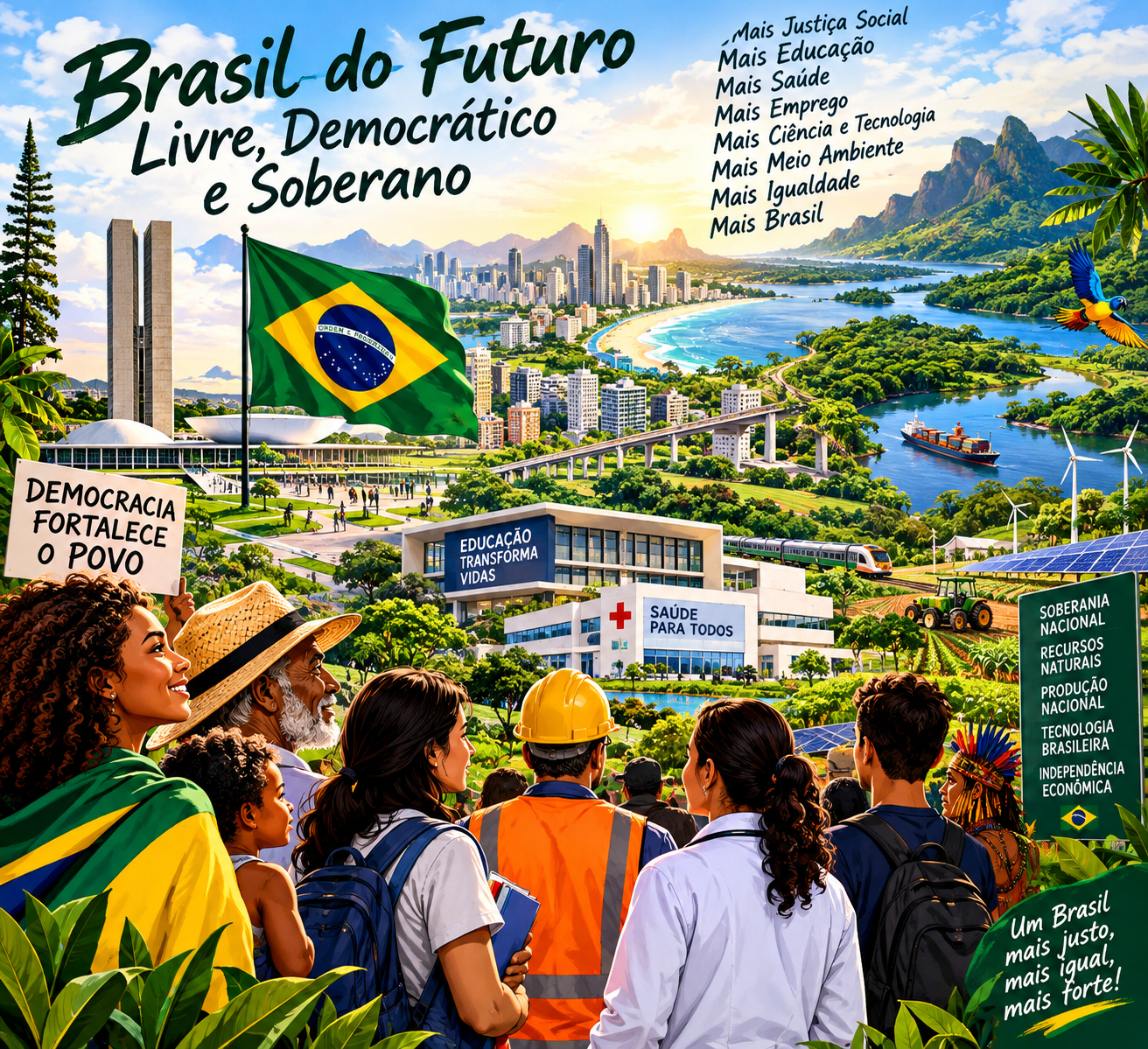 Brazil is depicted as a hopeful, democratic future with diverse people gathered before a modern city, a Brazilian flag, and signs about democracy, education, health, and national progress.
